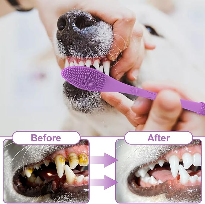 2 Piece Dog Toothbrush with Dual Head,Silicone Long Handle Toothbrush for Dogs Cats,Puppy Pet Tooth Brush (Purple)