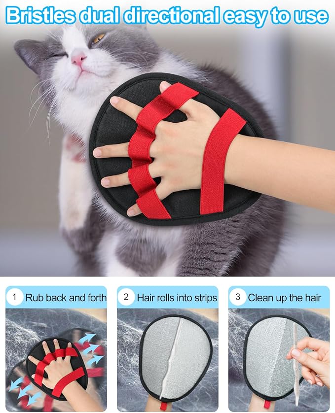 Pet Hair Removal Glove，Five-Finger Design Electrostatic Magic Brush Pet Hair Remover, Reusable Grooming Gloves, Cat & Dog Hair Tool for Carpet, Couch, Furniture and Clothing (Red)