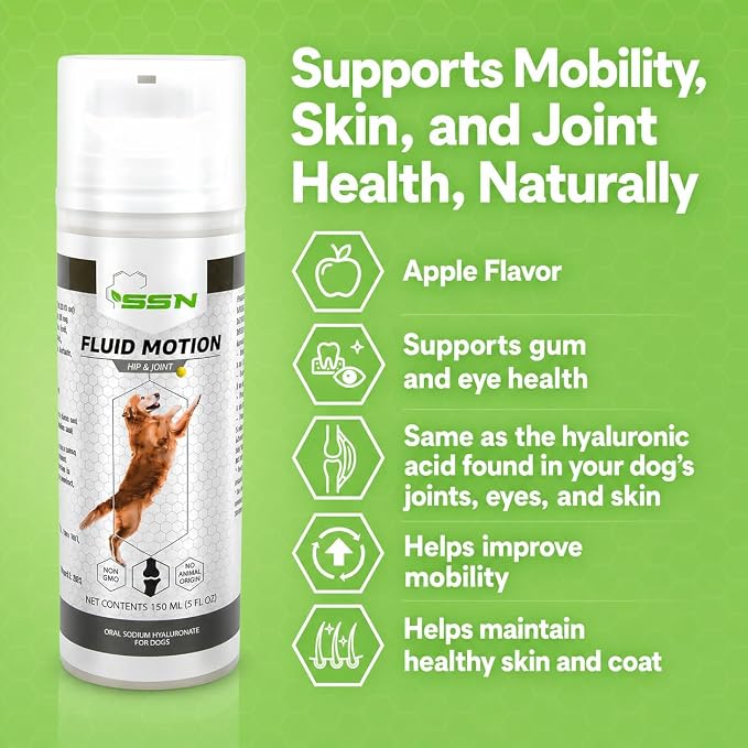 Fluid Motion - Hip & Joint Support for Dogs - Liquid Hyaluronic Acid - Mobility, Comfort and Joint Supplement for Senior Dogs - Apple Flavor - Glucosamine Alternative (60-120+ Day Supply)