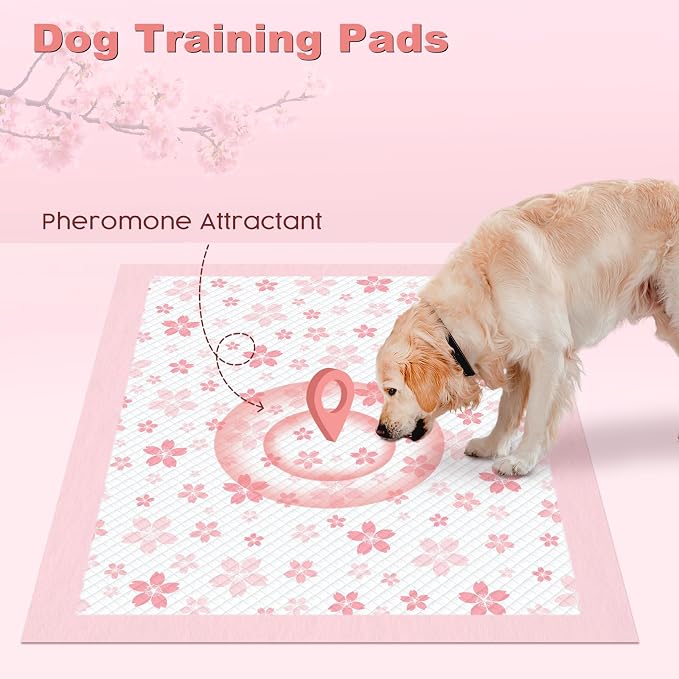 MIZOK Dog Pee Pads Extra Large 28"x34", Potty Pads for Big Dog Breeds, Super Absorbent & Leak-Proof, Pink Cherry Blossom Prints, Thick & Heavy, 4-Corner Adhesive Tabs, XL (50 Counts)