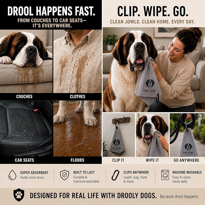 Dog Drool Towel for Large Dogs – Absorbent Microfiber Drool Catcher, Collar & Leash Attachment, Convenient Alternative to Drool Bibs (3 Pack)