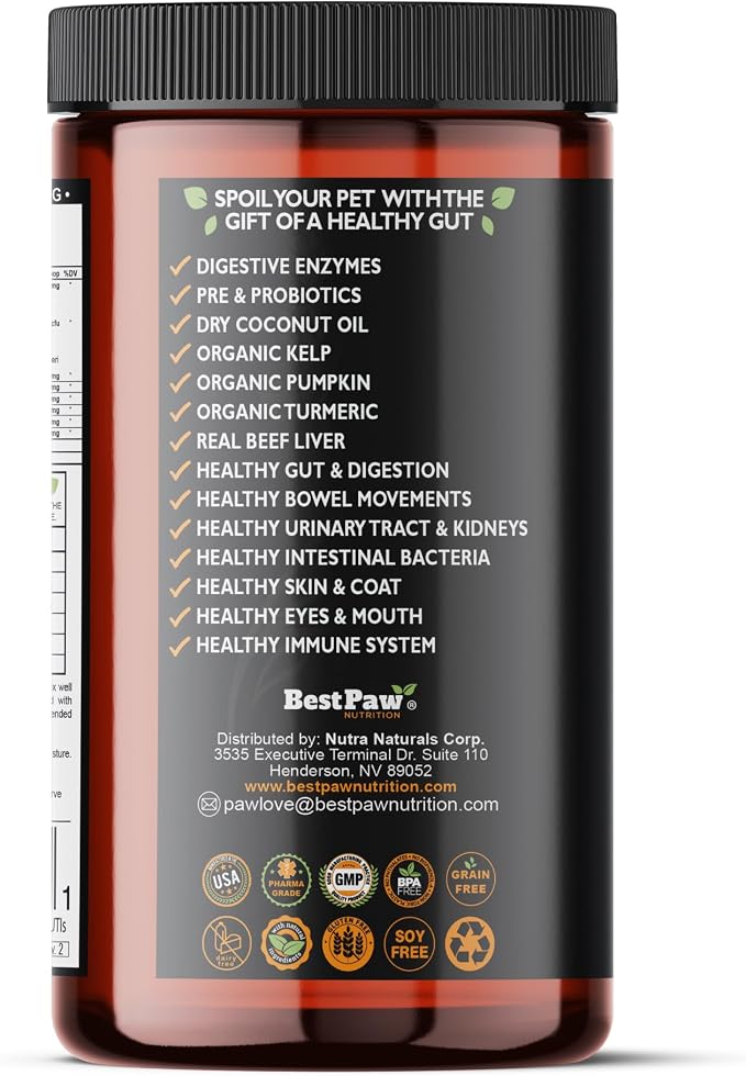 Probiotics for Dogs | Digestive Enzymes and Probiotics Powder | Beef Liver Flavor | Pumpkin, Turmeric and Prebiotic FOS | Gut Health Food Topper for Dogs and Cats | 16oz