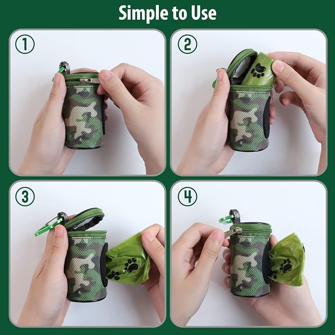 FURHAB Dog Poop Bag Holder for Leash Doggie Waste Bag Dispenser Puppy Potty Carrier Small Doggy Zipper Pouch with Carabiner Clip 1680D Nylon Oxford with 1 Roll of Pet Trash Bags, Woodland Camo