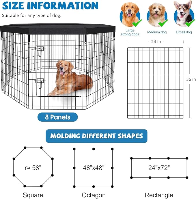 Pet Playpen Dog Pen Foldable Dog Exercise Fence 8 Panels 36 Inch Kennels Pet Playpen Options Ideal for Pet Medium Animals Outdoor Indoor (Playpen with Top Cover)
