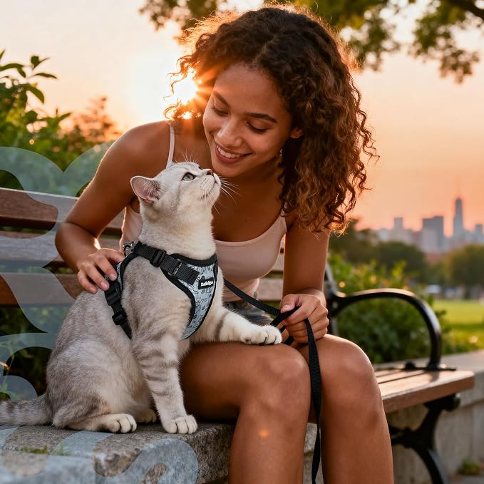 rabbitgoo Cat Harness and Leash Set, Escape Proof Vest, Doodle Gray | Soft Breathable Mesh, Easy Adjustable Fit, Snap Buckles, Sturdy Clip, Reflective Strips, for Medium to Large Cats Walks, M
