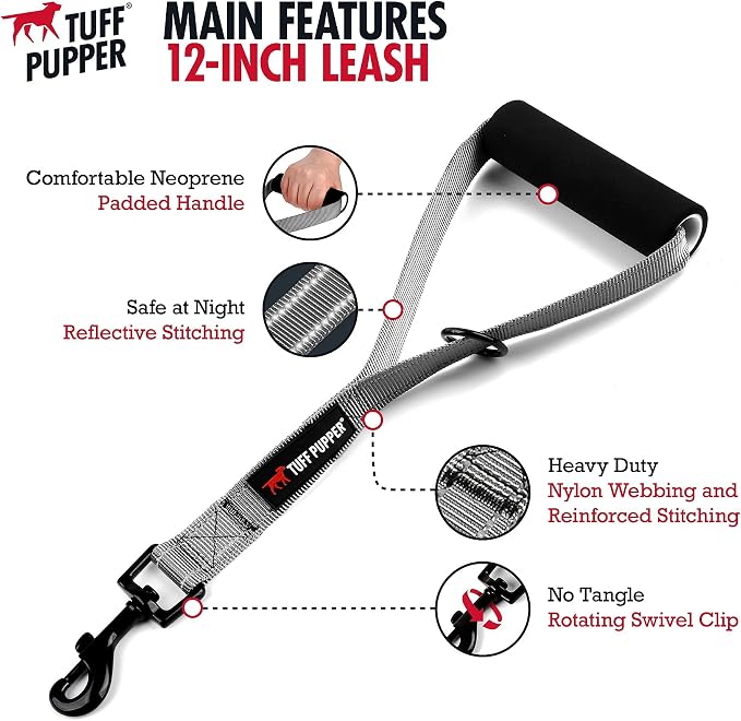 Tuff Pupper Service Dog Leash With Handle for Large Dogs | 12 Inch | Perfect for Service Harness & Training | Traffic Handle With Padding | Short Coupler