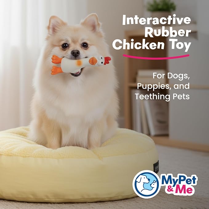 My Pet & Me Rubber Squeaky Dog Toys for Small Dogs and Puppies, Soft Latex Squeak Toy for Light to Moderate Chewers, Teething and Fetch Play with Squeaker (White Chicken, 7.8 Inch)