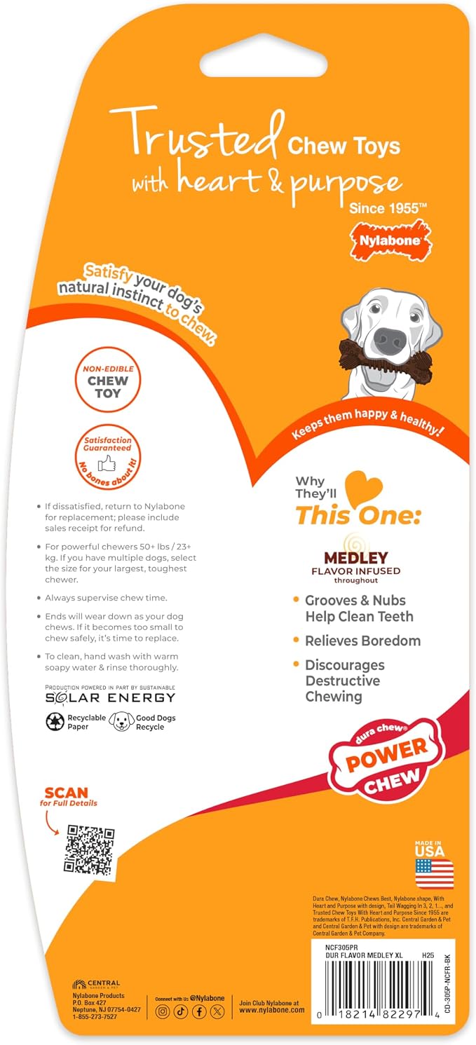 Nylabone Textured Dental Bone Power Chew Toy for Dogs, Dog Toys for Aggressive Chewers, Flavor Medley Flavor, X-Large - 50+ lbs, 1 Count