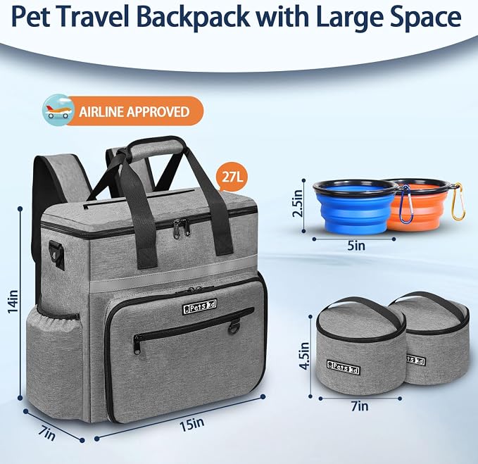 Petskd Dog Travel Bag for Supplies, 27L Large Space Pet Organizer Backpack, Airline Approved Weekend Bag with Multi-Function Pockets for Overnight Camping with 2 Food Containers, 2 Bowls (Grey)