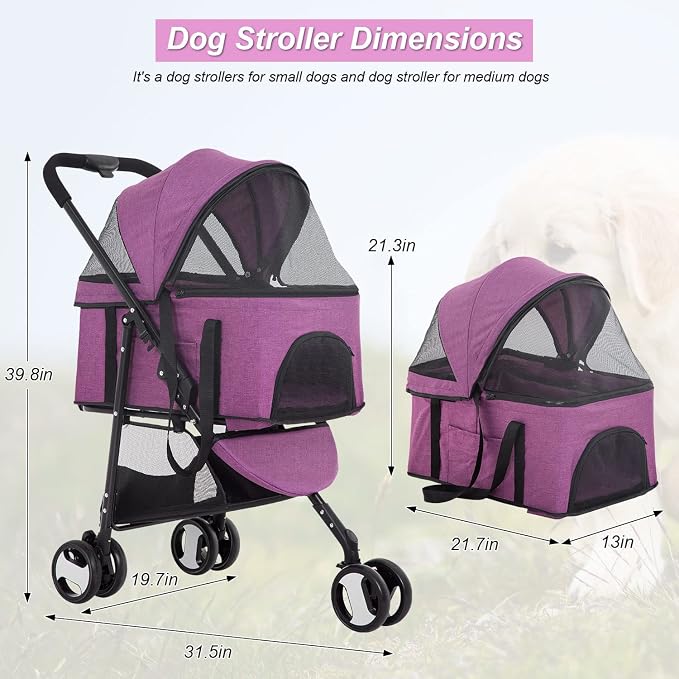 BestPet Premium 3-in-1 Pet Stroller - Purple, 3-Wheel