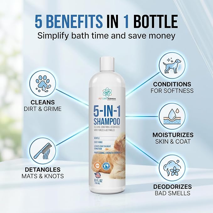 8 floz 5 in 1 Dog Shampoo for Itchy Skin - Sensitive Skin Dog Shampoo for Smelly Dogs - Dog Shampoos & Conditioners - Made in The USA