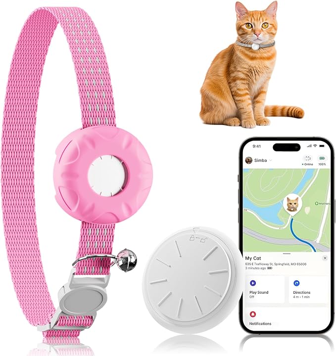 GPS Tracker, Bluetooth Mini GPS Dog Tracker, Cat Tracker Including Cat Collars, No Monthly Fee Cats GPS Tracker, Work with Find My APP (Only iOS), Pink