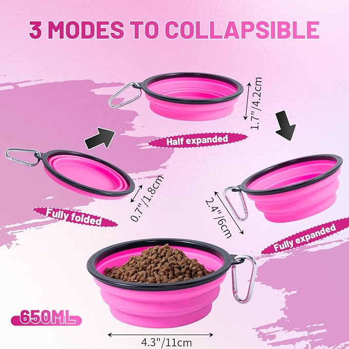 Dog Bowl Collapsible, 2 Pack, with Carabiners, Medium, Black+Pink