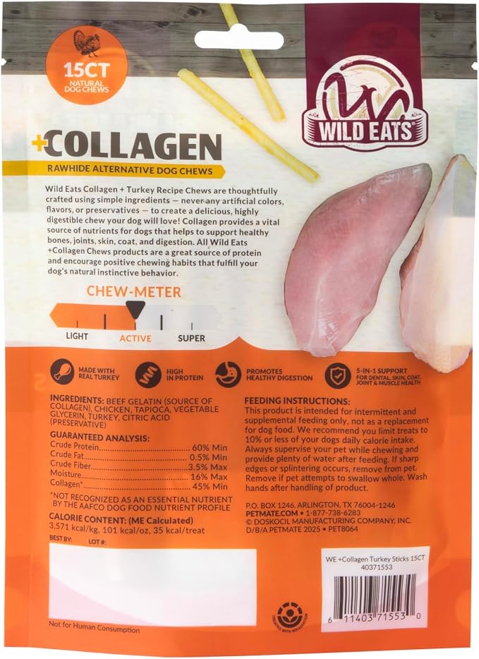 Wild Eats Turkey Collagen Sticks for Dogs (15 Pack, 1 cm Wide) Long Lasting Dog Chews No Hide Dog Treat Bully Stick Alternative, Rawhide Free, Grain Free, High Protein