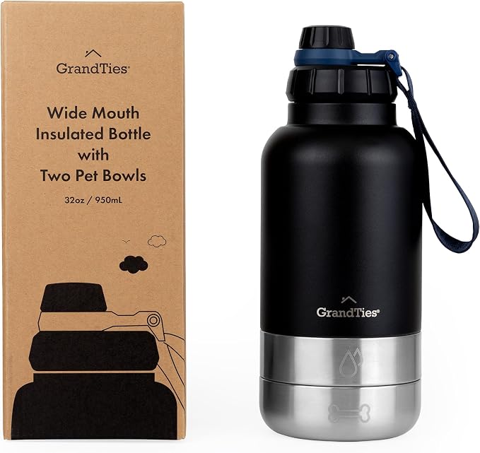 GrandTies Insulated Portable Dog Water Bottle with 2 Detachable Bowls, 32oz, Matte Black