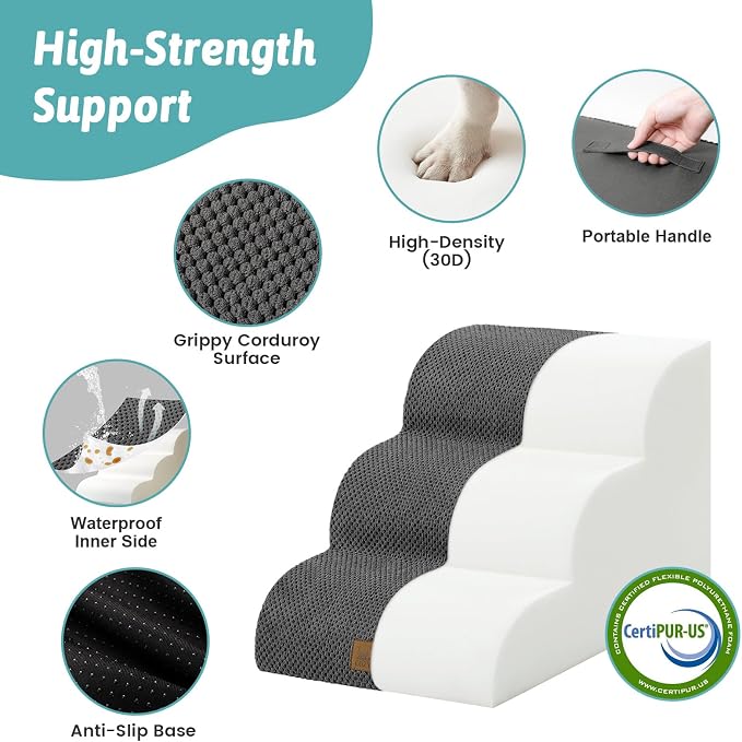 COZY KISS Wide Dog Stairs for Small Dog 15.7" H, 3 Step Pet Ramp for Couch | Curved Stable Dog Step for Puppy, Older Cat, Senior, Medium, Short-Legged Dog, Non-Slip Ladder, 17.7 inch Width, Dark Grey