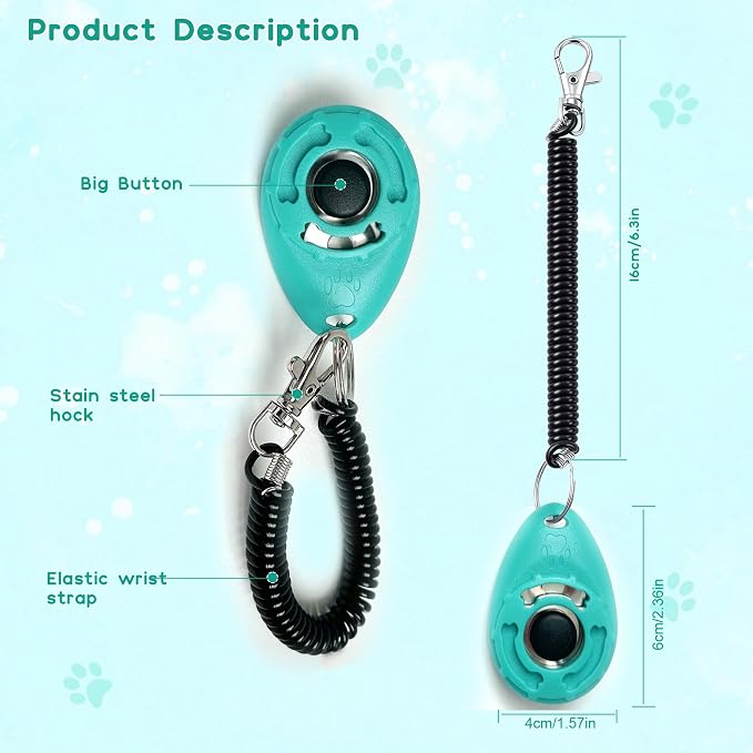 Pet Training Clicker with Wrist Strap, Aqua/Jade Green/Blue/Lime Green