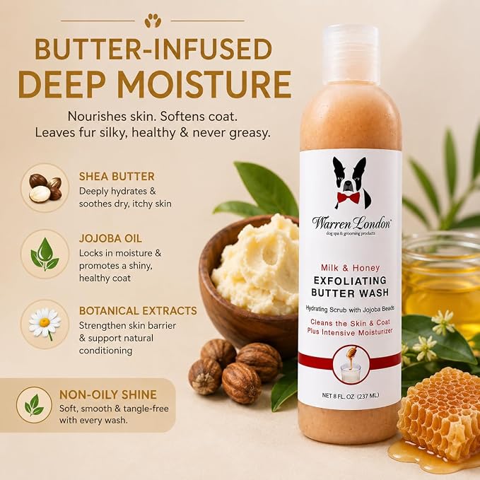 Warren London Exfoliating Butter Wash Dog Shampoo – Milk & Honey, 8 oz | Cleansing, Conditioning & Exfoliating Shampoo with Jojoba Beads for Dry Skin, Flakes, Soft Coat & Shine | Made in USA