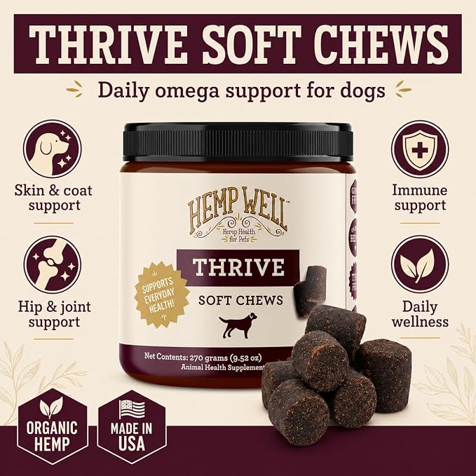 Hemp Well Thrive Chews for Dogs, Organic Hemp, Everyday Omegas, Skin Coat Support