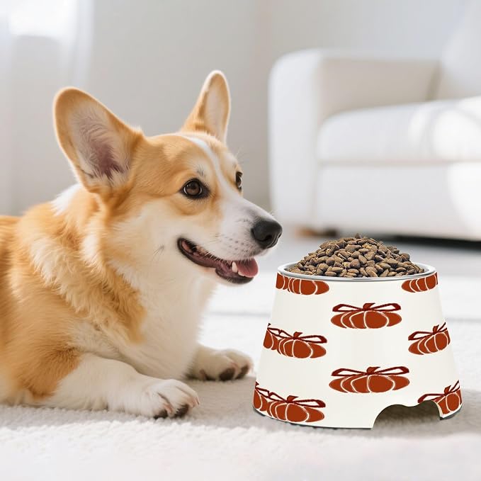 Blueangle Elevated Dog Bowls with Stainless Steel - Non-Slip 2.3 Cup High Capacity Pet Dish for Spinal Health & Pumpkins with Bows Design（160）