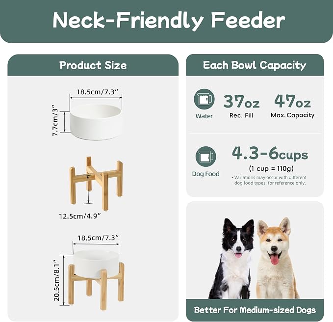 Havniva 7.3” Dog Bowls Elevated Ceramic Dog Food and Water Bowl Set, Double Raised Dog Water Bowl with Stand Non-Slip Rubber Base Large Capacity Feeding Pet Food Bowl for Medium Dogs