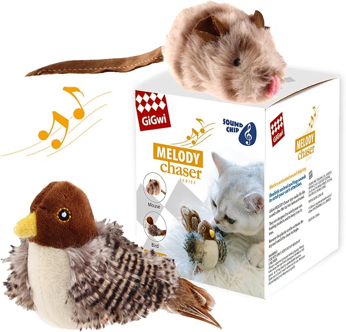 Gigwi Automatic Cat Toys Pack, Interactive Electronic Squeaky Animals Bird and Mouse, Plush Toys for Cats to Play Alone, 2 Pcs