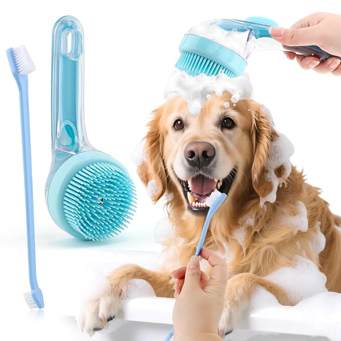 Pet Bath Brush, 2 in 1 Dog Bath Brush with Built-in Shampoo Dispenser, Pet Wash Brush with Double Head Toothbrush, Grooming Massage Brush for Dogs & Cats