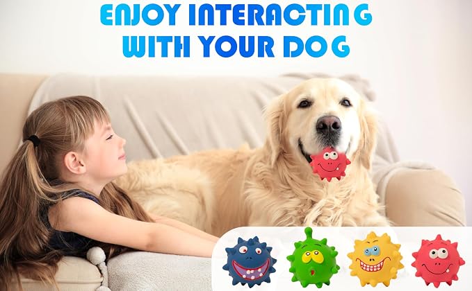 TTCOLATOPIA 4Pcs Squeaky Dog Toys Set - Non-Toxic Natural Latex Rubber Balls for Large, Medium, Small Dogs - Cute Faces for Fun