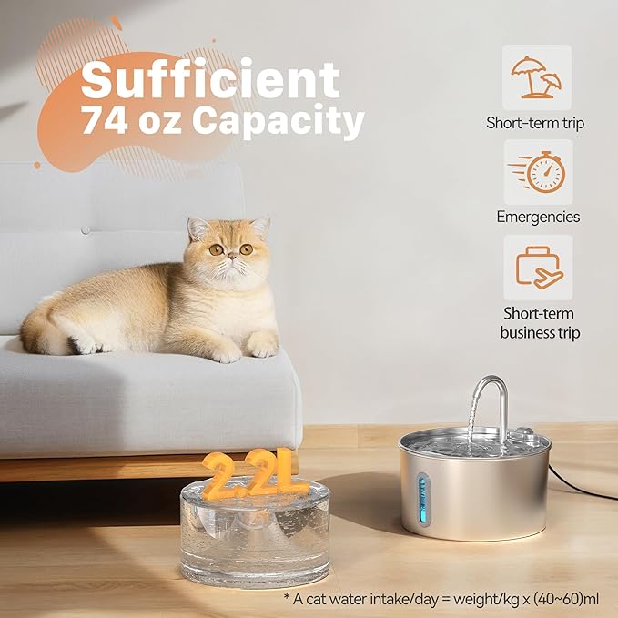 Cat Water Fountain Stainless Steel: 74oz/2.2L Cat Fountain for Drinking - Pet Water Fountain for Cats Inside - Automatic Cat Water Dispenser Bowl - Cat Feeding & Watering Supplies 6 Filters 3 Sponges