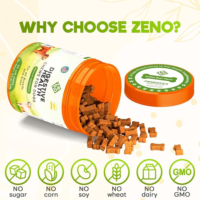 ZENO Probiotics for Dogs Chews - 150 pcs - Digestive & Gut Health Support - Probiotic Chews for Dogs with Enzymes & Natural Ingredients -US Formula - Grilled Beef