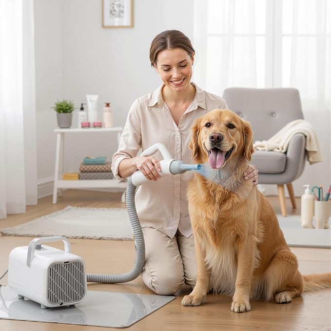 DUMOS Dog Hair Dryer for Pet Grooming, Low Noise | Dog Blow Dryer with Adjustable Wind Speed & Heater Temperature, Cool-Warm-Hot Cycle Mode, 4 Nozzles, 6.5 FT Cord, White