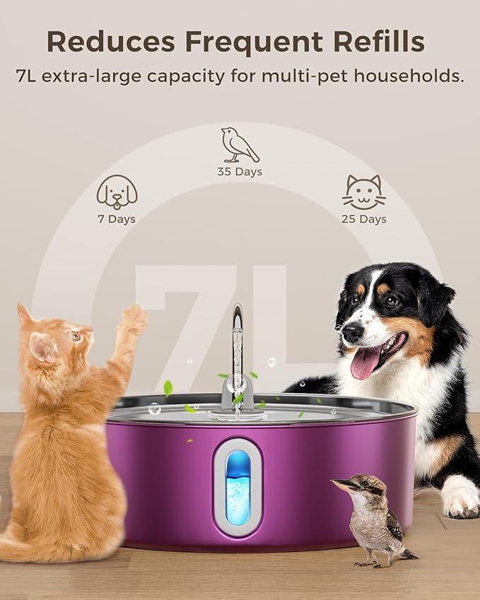 Smartoo Dog Water Fountain for Large Dogs 7L/236oz Stainless Steel Dog Water Bowl Dispenser Automatic Pet Water Fountain, Multi-Filtration Pet Fountain with Ultra-Quiet Pump (Pink)