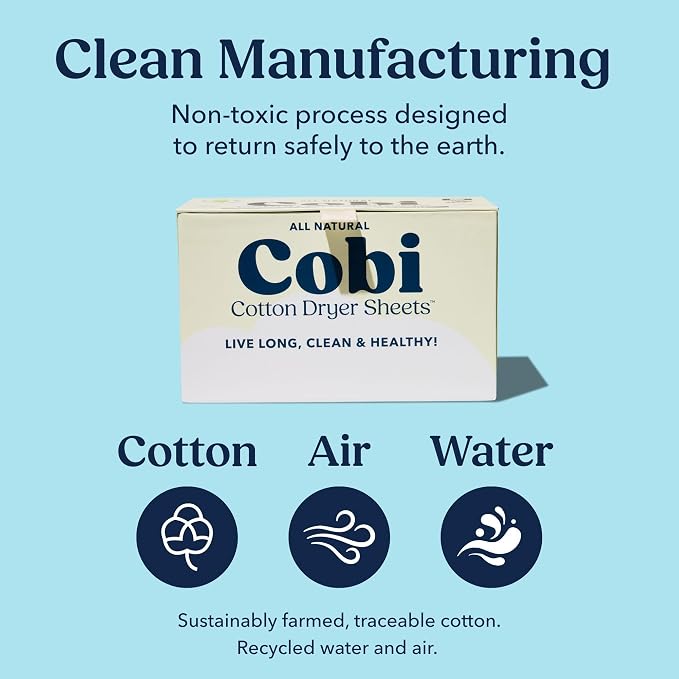 Cobi Eco-Friendly Dryer Sheets - 100% Cotton Biodegradable Non-Toxic & Unscented for Sensitive Skin, Clean Plant-Based Static Control, 120 Count