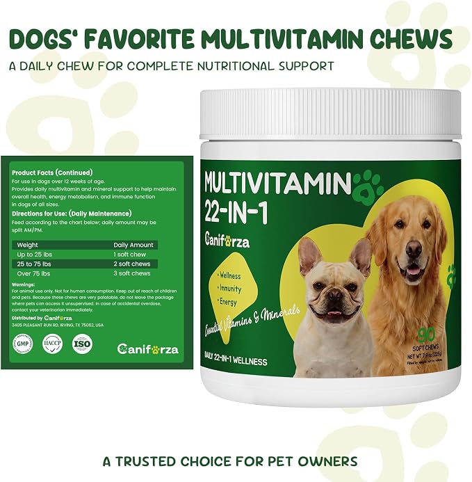 22-in-1 Grain-Free Dog Multivitamin Supplement – 90 Soft Chews for Hip & Joint Health, Immune Support, Healthy Coat & Overall Wellness – Vitamins A, B12, C, D, E, Minerals, and Antioxidants