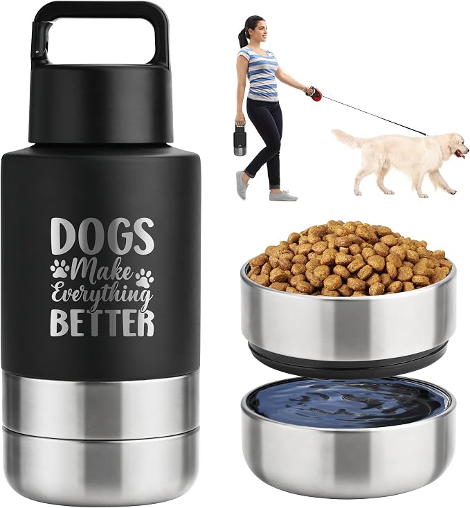 KEWIXY Insulated Dog Travel Water Bottle with Detachable Bowls, 32oz, Black: Dogs Better