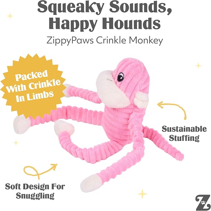 ZippyPaws Crinkle Monkey Squeaky Plush Pet Toy for All Breeds - Small, Pink | Interactive Dog Toys to Keep Them Busy, Small and Medium Dogs, Contains 1 Round Squeaker