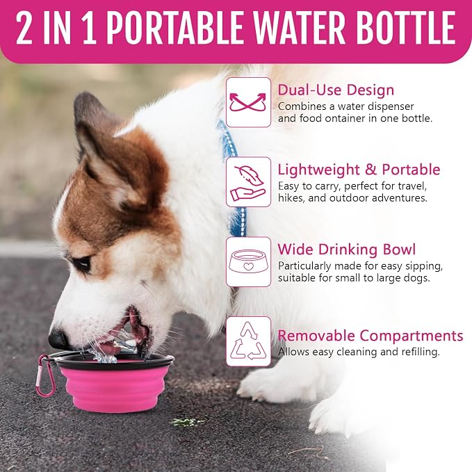 2-in-1 Dog Travel Water Bottle with Collapsible Bowl, Pink