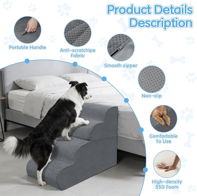 Dog Stairs for Small Dogs, 2-Steps Dog Ramp for Couch, Pet Stairs with Highly Supportive Foam and Non-Slip Bottom, Pet Steps for Cat & Doggie (High 11.8Inch)