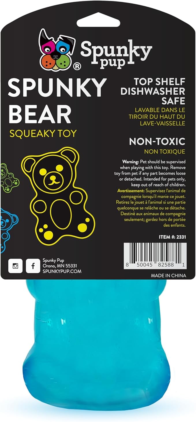 Spunky pup Spunky Bear Interactive Squeaky Dog Toys - Gummy Bear Shape, Crazy Bounce, Dishwasher-Safe, Assorted Neon Colors- Large