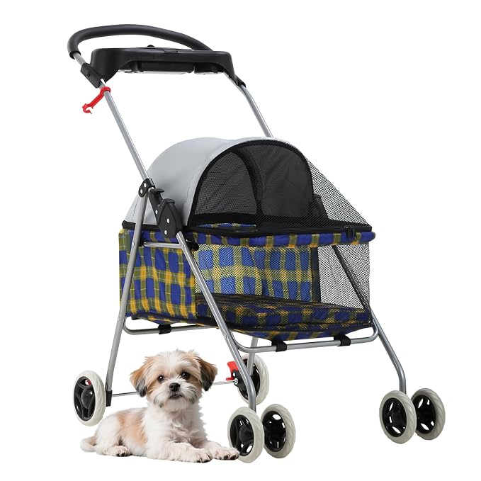 BestPet 4-Wheel Foldable Pet Stroller - Yellow Plaid, up to 33lbs
