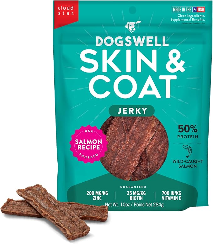 DOGSWELL Skin & Coat Jerky Dog Treats, Salmon, 10 oz. Pouch