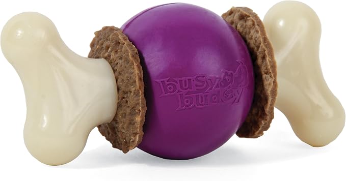 PetSafe Busy Buddy Bouncy Bone Treat Holding Dog Chew Toy, Small | Relieves Boredom and Anxiety, 6 Rawhide Treat Rings Included, Top-Rack Dishwasher Safe, Best for Dogs up to 10 Lb