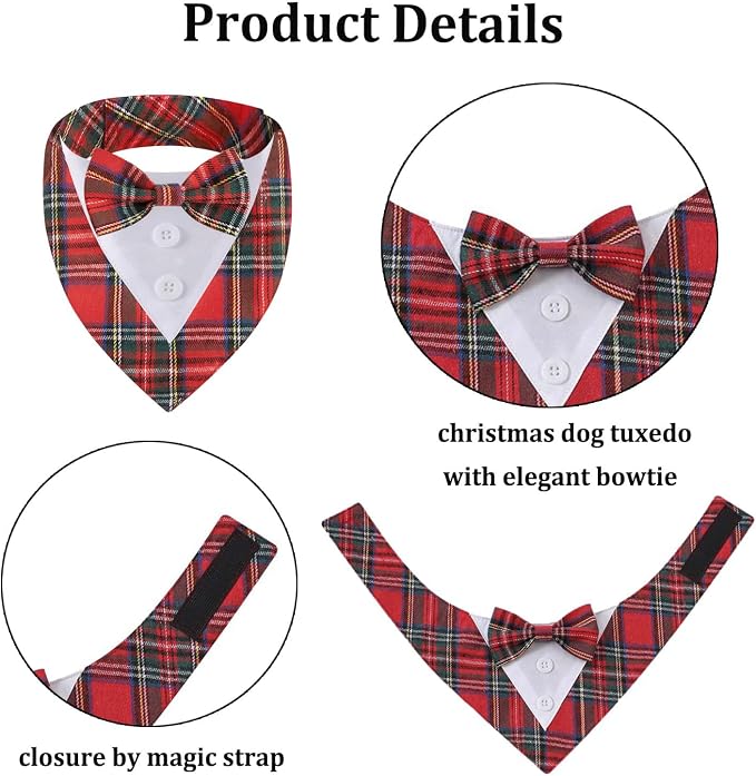 Adjustable Red Plaid Christmas Dog Tuxedo Bandana with Bow Tie, Medium, XS, Red