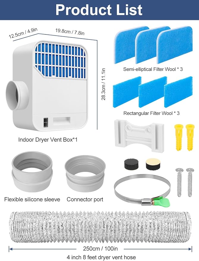 Upgraded 4 inch Dryer Vent Hose Triple Filtration System Indoor Dryer Vent Kit for Electric Dryer,Dryer Vent Inside Box,Indoor Dryer vent filter,Dryer Vent Box,Dryer Vent Lint Catcher