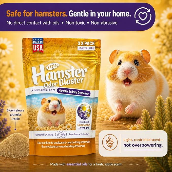 Hamster Odor Blaster | a New Generation Of Animal Bedding Deodorizer | Unique Slow Release Formula | Natural Fresh Scent - Lavender & Chamomile | Up to 15 Weeks Supply | 3 x 0.5oz bags