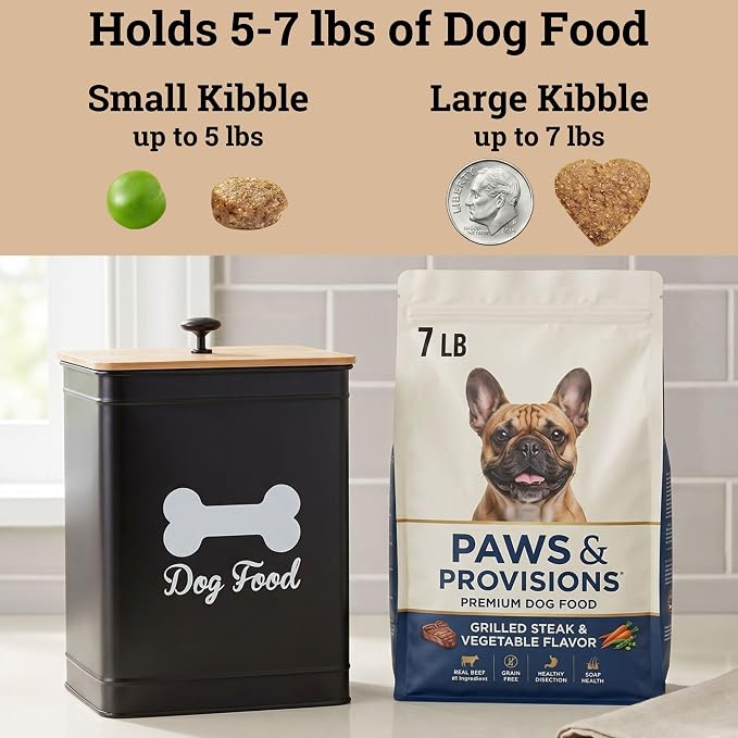 Metal Dog Food Container 5-7lb, 7lb, Iron + Bamboo Lid, Black: Bone