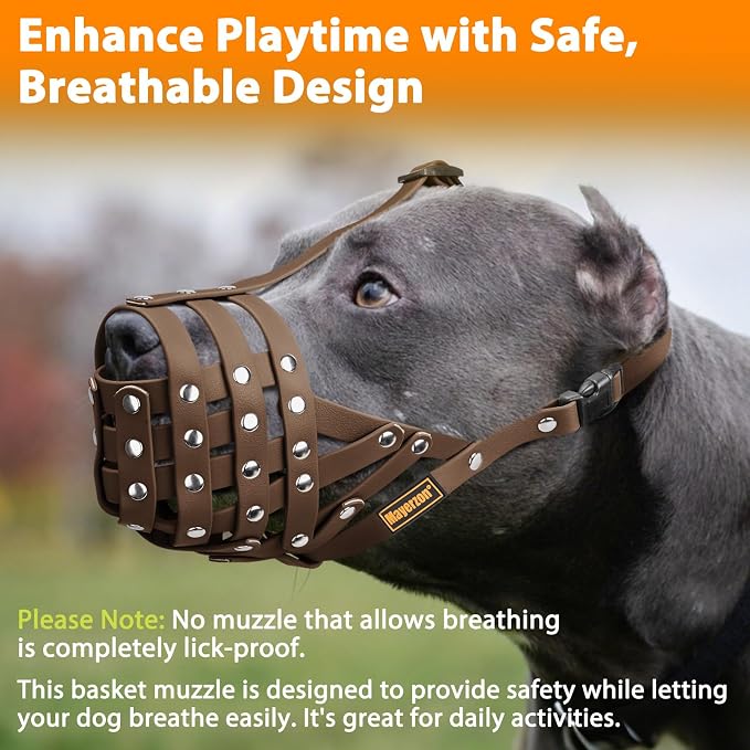 Pitbull Dog Muzzle for Large Medium Dogs Prevent Biting Scavenging | Fits Rottweiler Amstaff Broad-nosed Breed, Sturdy Breathable Basket, Training Walking Use, Allows to Drink | Brown, L