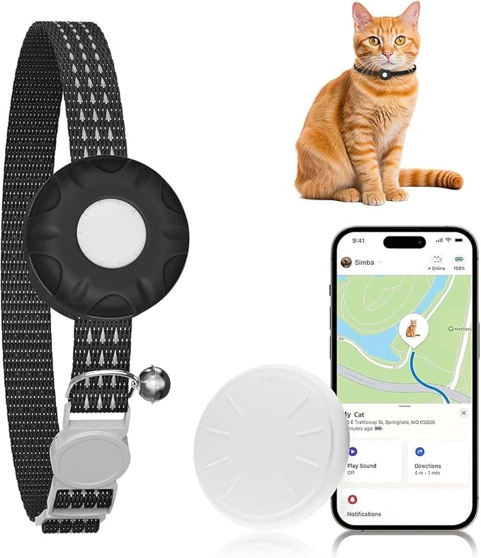Cat Tracker, No Monthly Fee GPS Tracker, Compatible with Apple Find My App(Only iOS), Waterproof Cat Trackers Collar with Bell and Safety Elastic Buckle, Real-Time Location, Pet Trackers, Black