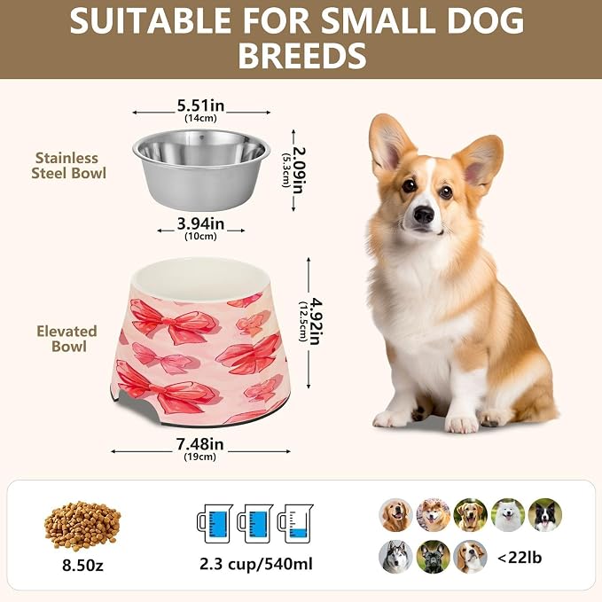 Blueangle Elevated Dog Bowls with Stainless Steel - Non-Slip 2.3 Cup High Capacity Pet Dish for Spinal Health & Red Bows Design（171）