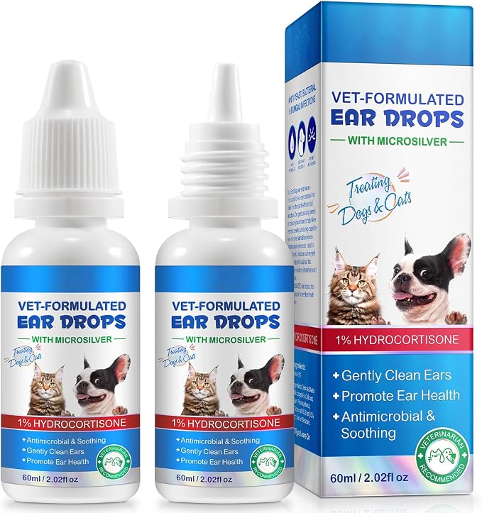 2 Pack Cat & Dog Ear Infection Treatment Drops with 1% Hydrocortisone
